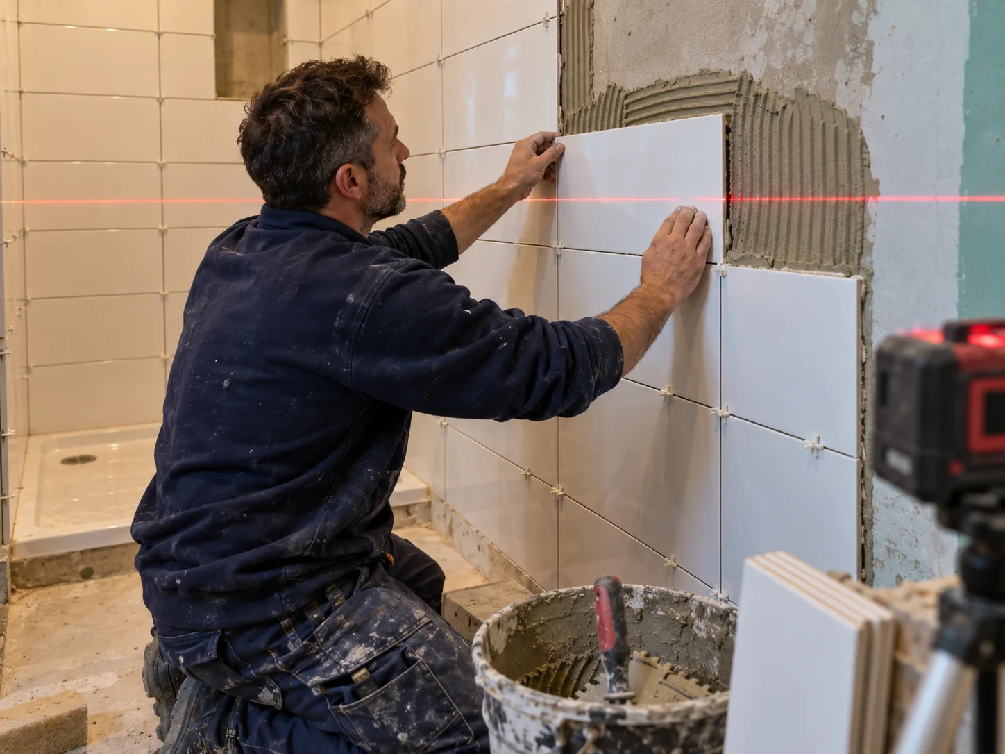 Alicatador de Especu revistiendo la pared de una ducha con azulejo blanco