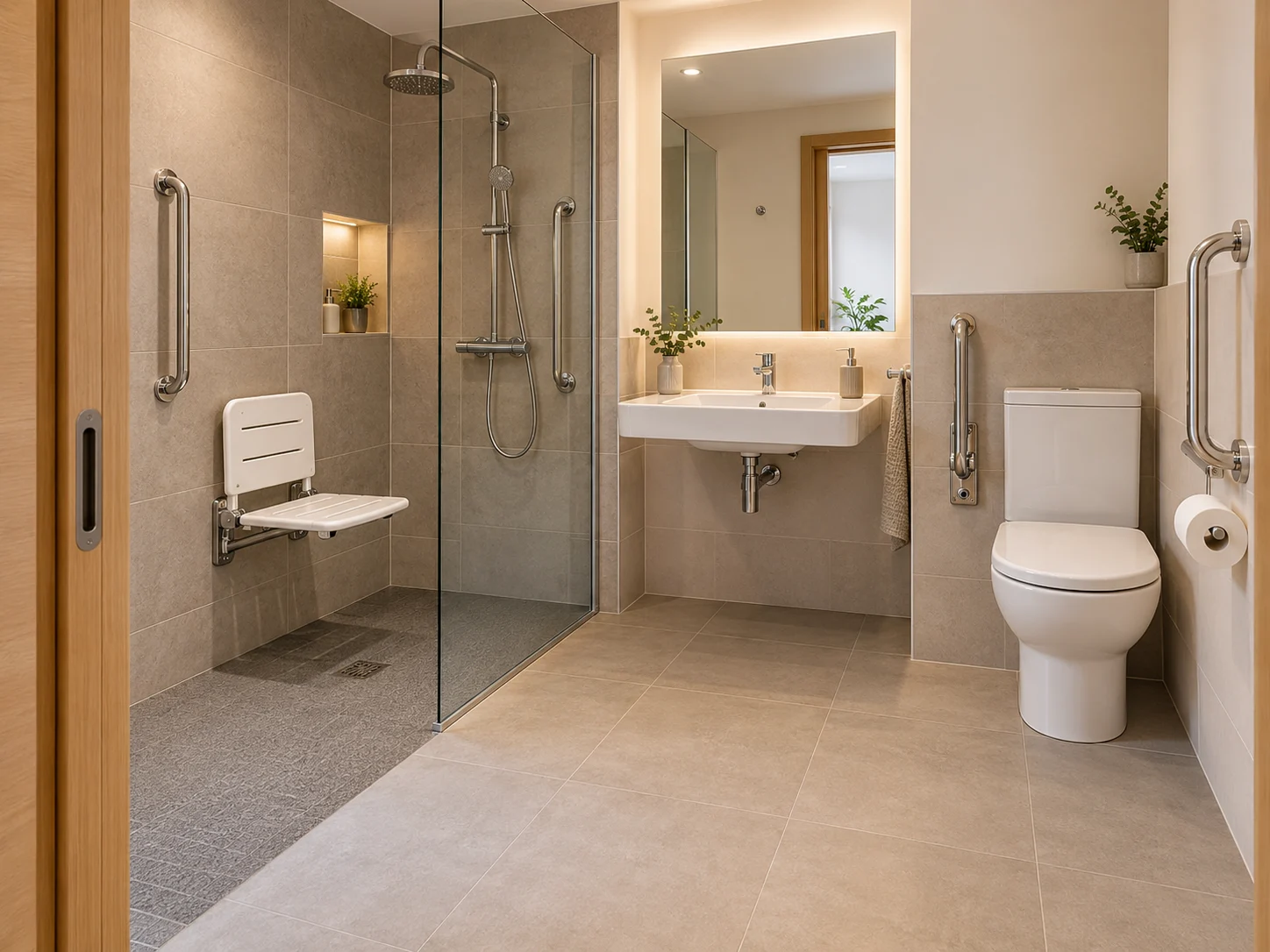 Baño adaptado con ducha sin escalón, asiento abatible y barras de apoyo