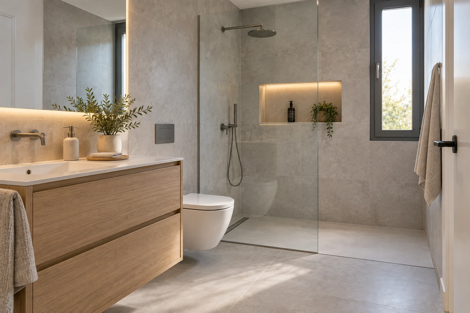 Baño reformado con porcelánico de gran formato en tono cemento y ducha de obra a ras de suelo