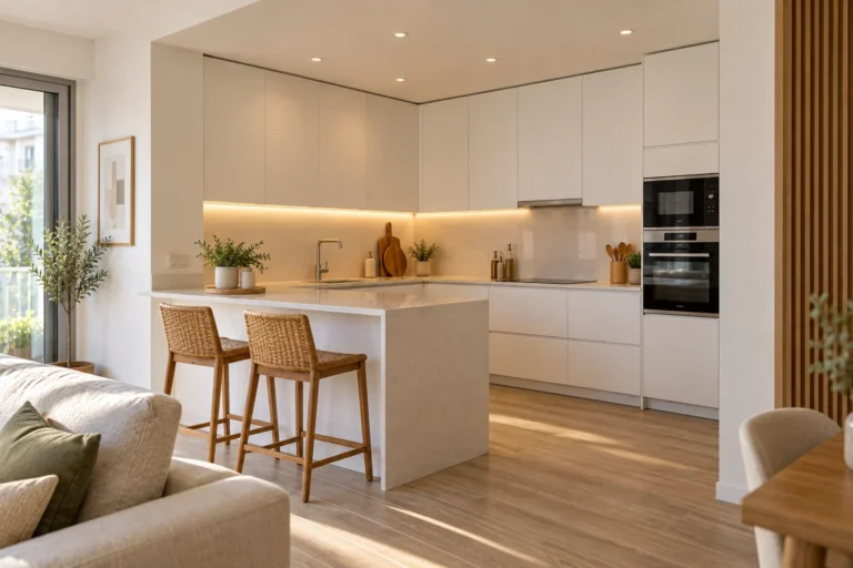 Cocina reformada en L con península y taburetes en un piso de Barcelona