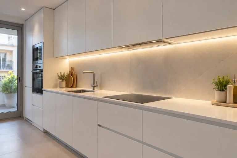 Cocina reformada con muebles hasta el techo, iluminación bajo muebles y encimera despejada