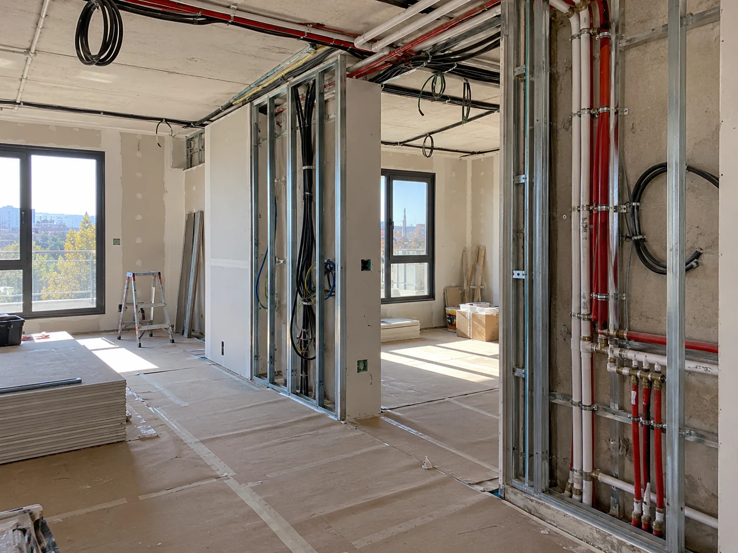 Piso en obras durante una reforma integral con tabiques de pladur e instalaciones nuevas