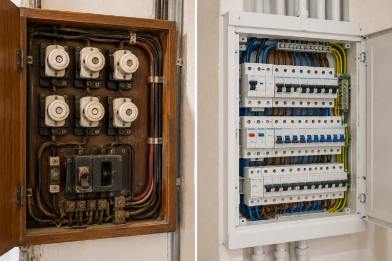 Cuadro eléctrico antiguo con fusibles de porcelana junto a uno nuevo con diferenciales