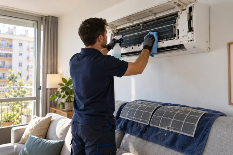 Técnico limpiando los filtros de un aire acondicionado split en una vivienda