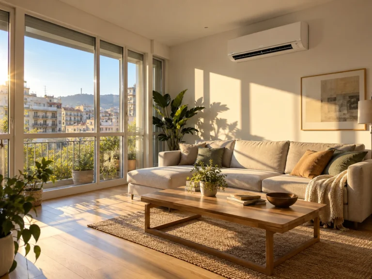 Unidad interior de aire acondicionado en un salón luminoso orientado al sol