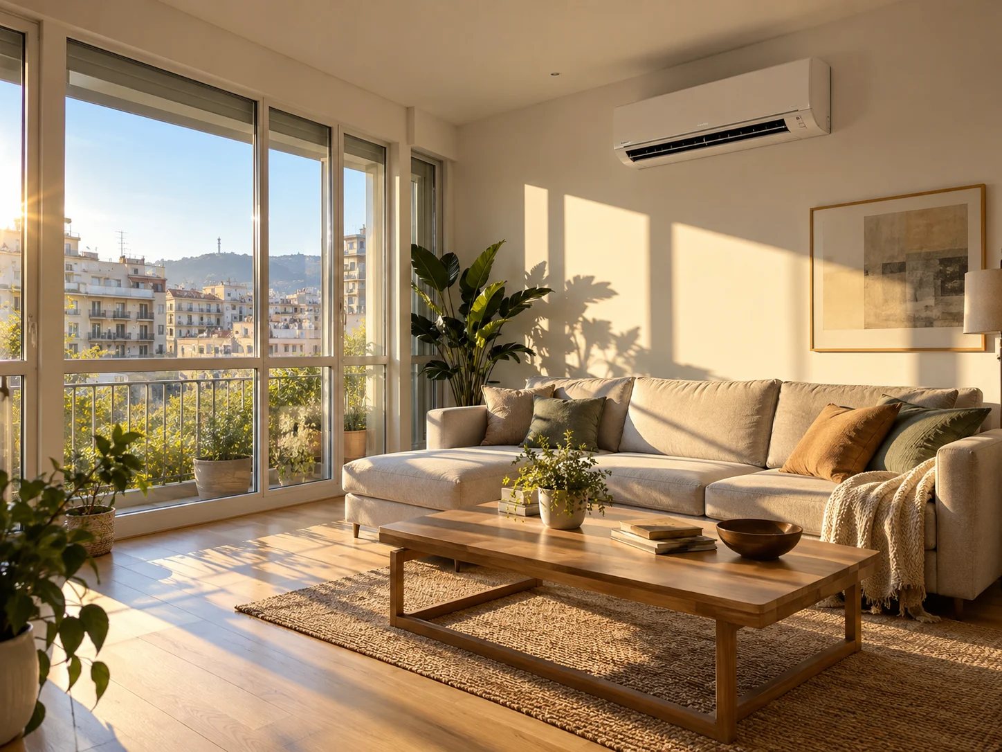 Unidad interior de aire acondicionado de pared en un salón con mucha luz natural