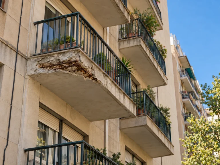 Fachada de un edificio de viviendas de Barcelona con balcones pendientes de reparación
