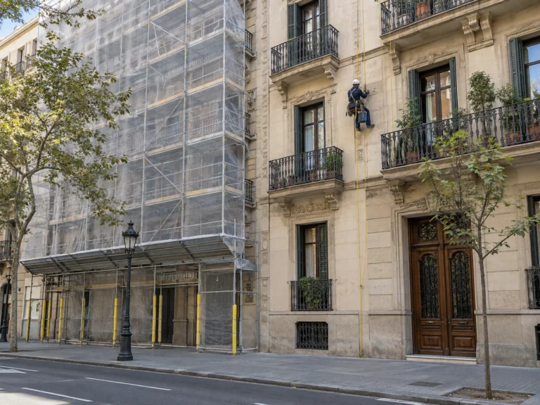 Comparativa entre fachada con andamio y técnico de trabajos verticales colgado de cuerdas