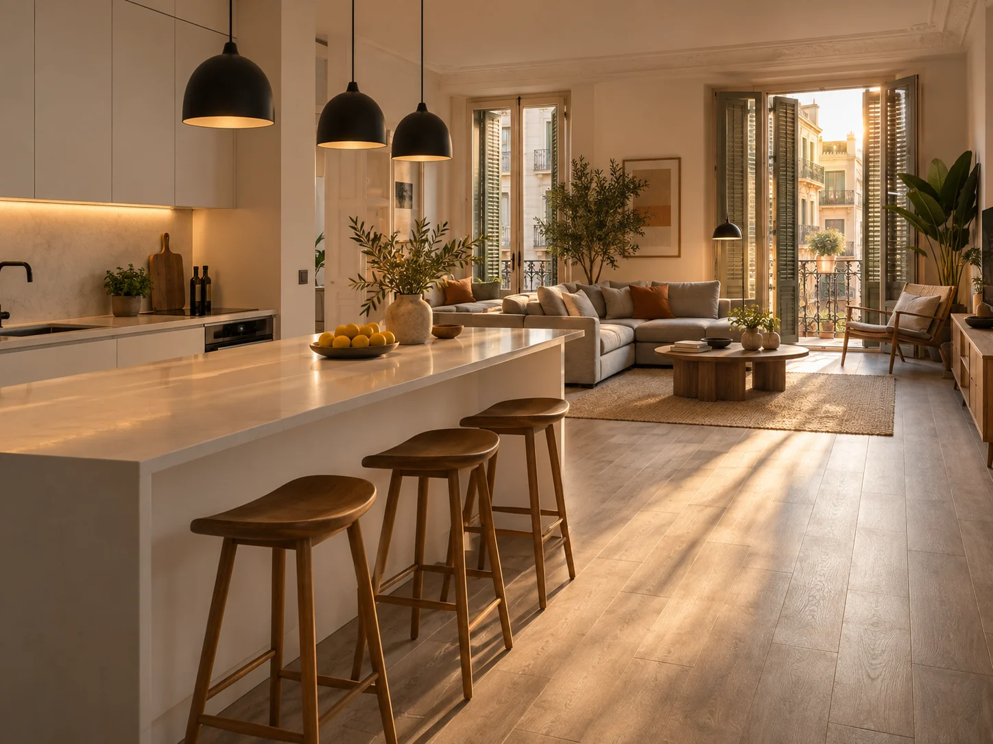 Cocina abierta al salón con península y taburetes en un piso de Barcelona