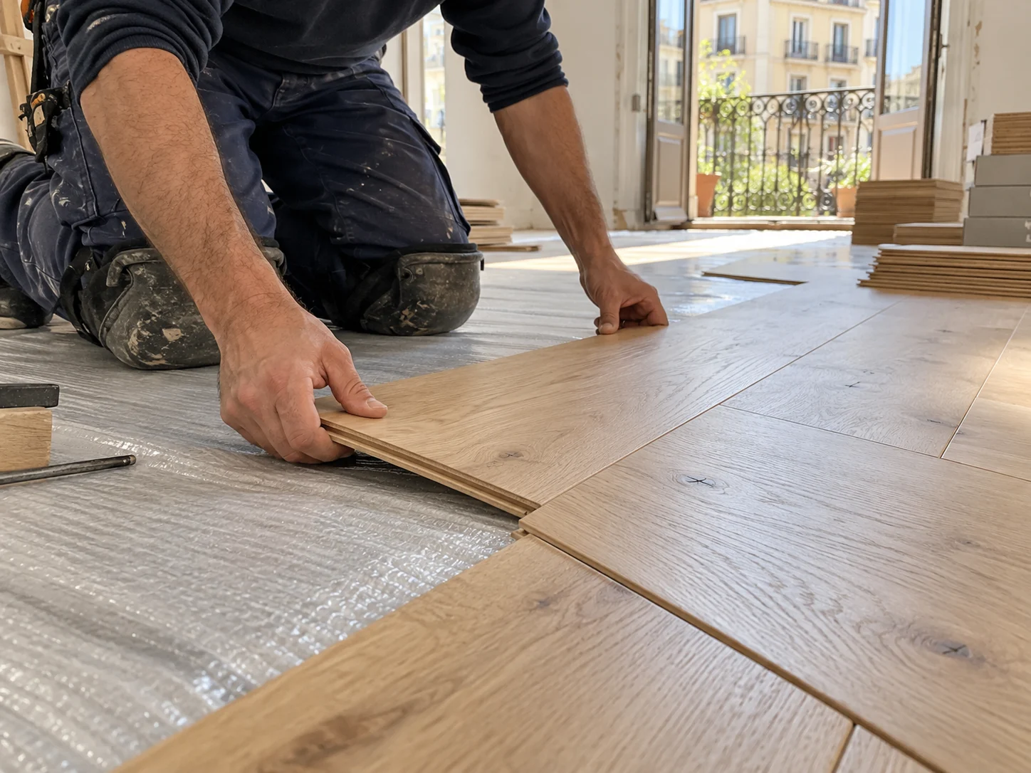 Colocación de parquet de roble en el salón de un piso de Barcelona