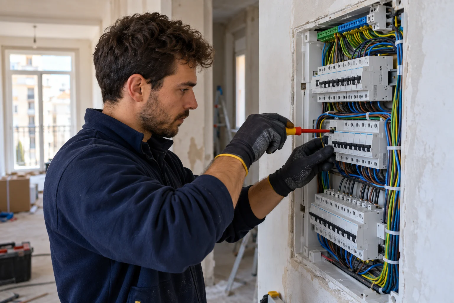 Electricista de Especu conectando un cuadro eléctrico nuevo en un piso de Barcelona