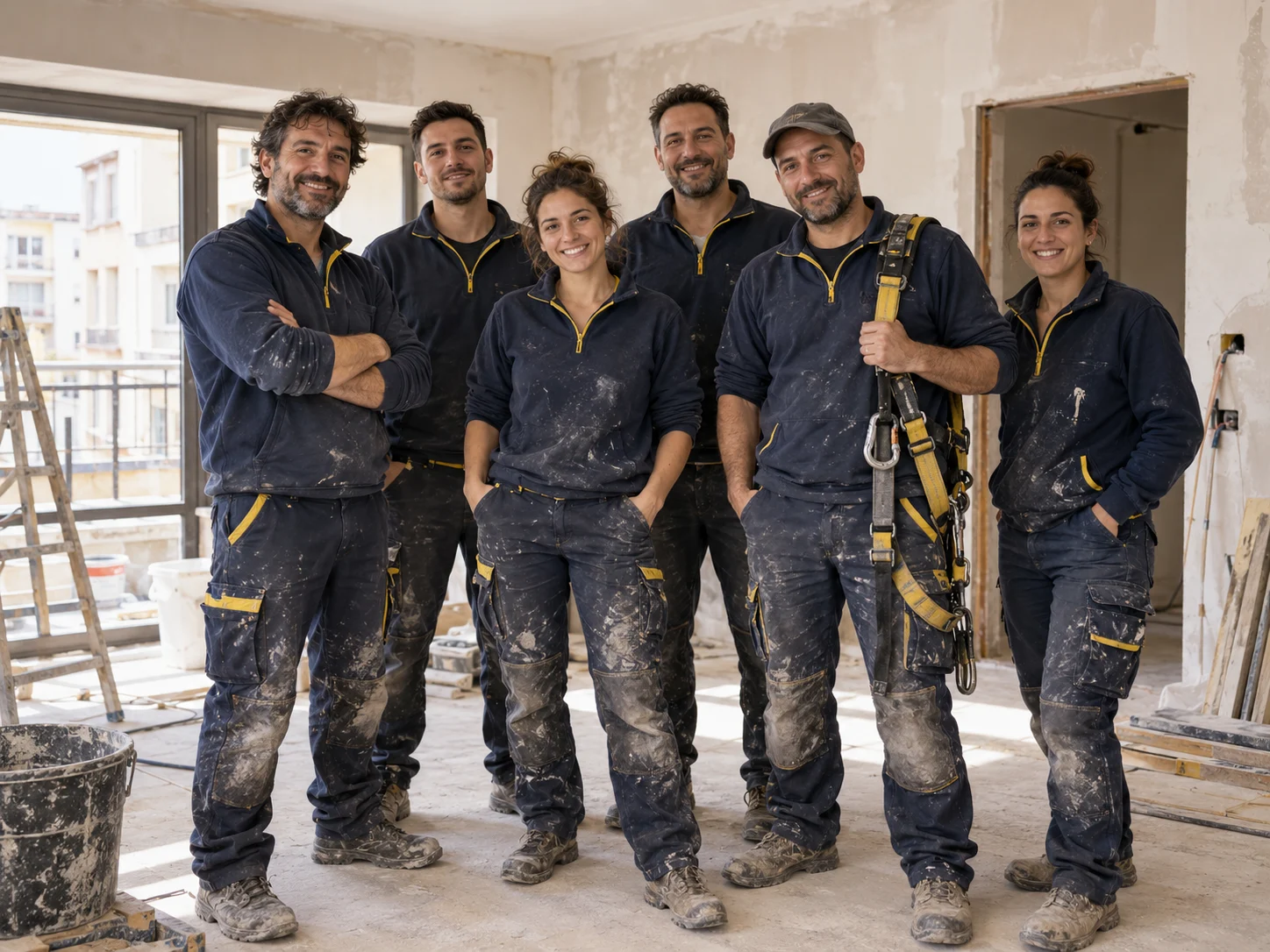 Equipo de Especu con ropa de trabajo azul marino frente a una obra de reforma