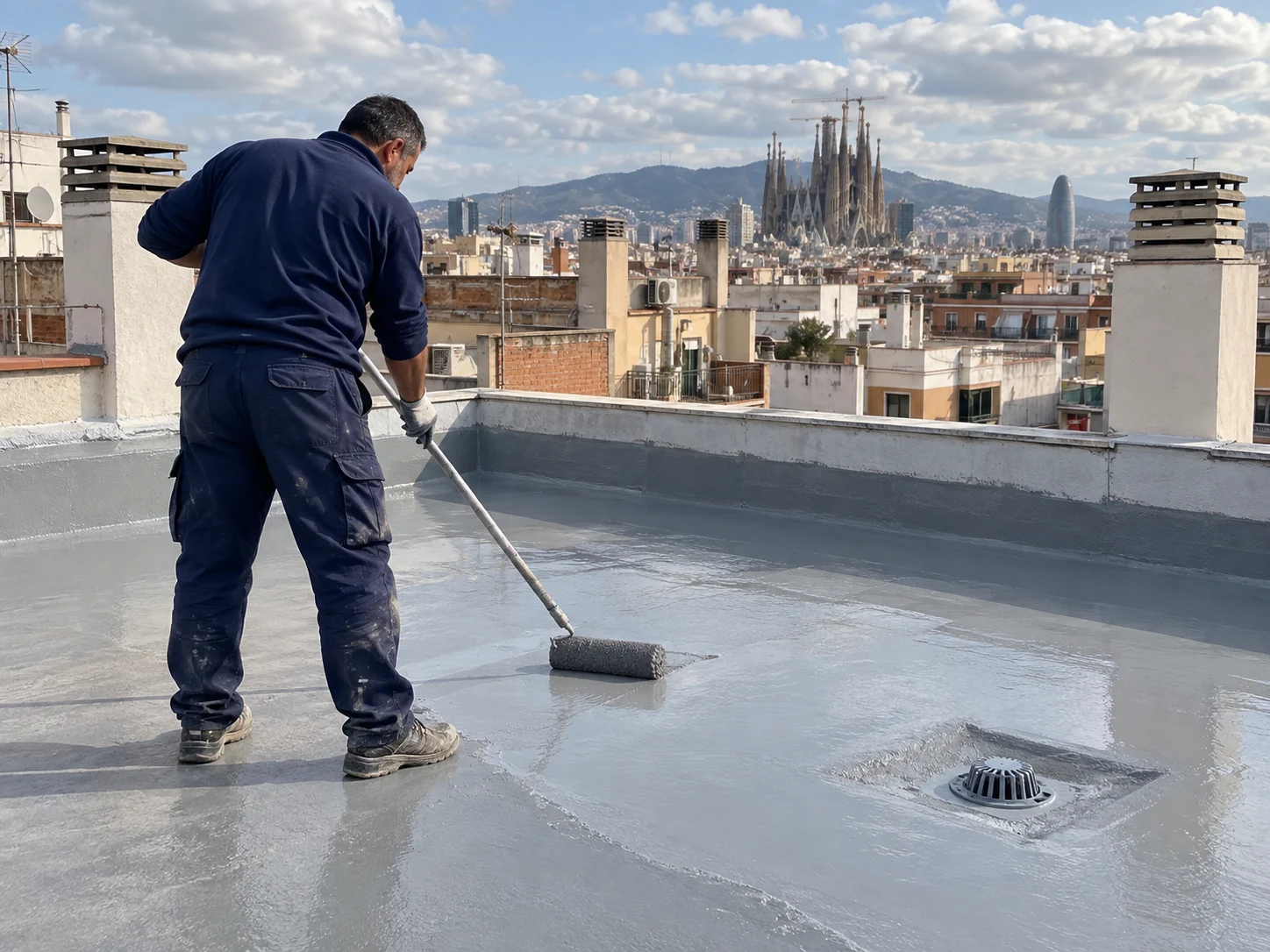 Operario de Especu aplicando impermeabilizante líquido en la azotea de un edificio de Barcelona