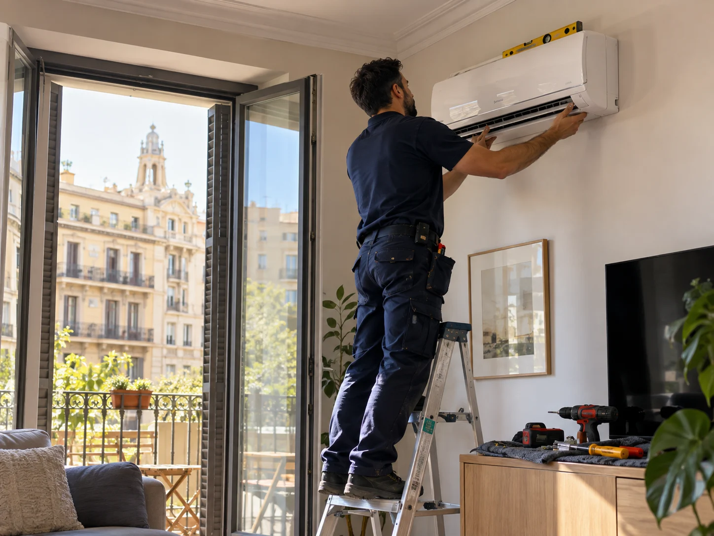 Técnico de Especu instalando un split de aire acondicionado en un salón de Barcelona