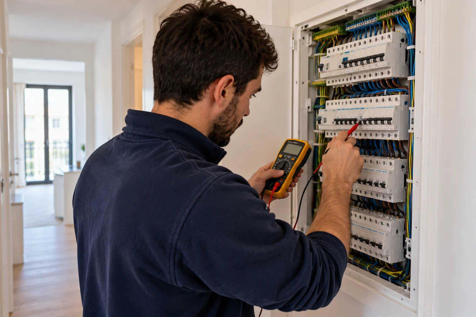 Técnico de Especu revisando un cuadro eléctrico nuevo en una vivienda de Barcelona