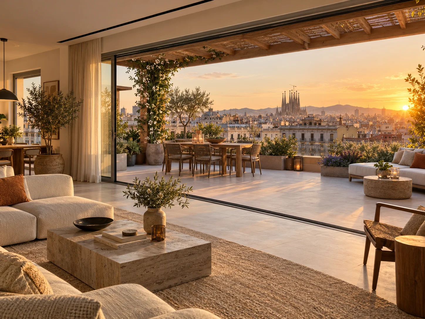 Ático reformado en Barcelona con salón abierto a una terraza con vistas