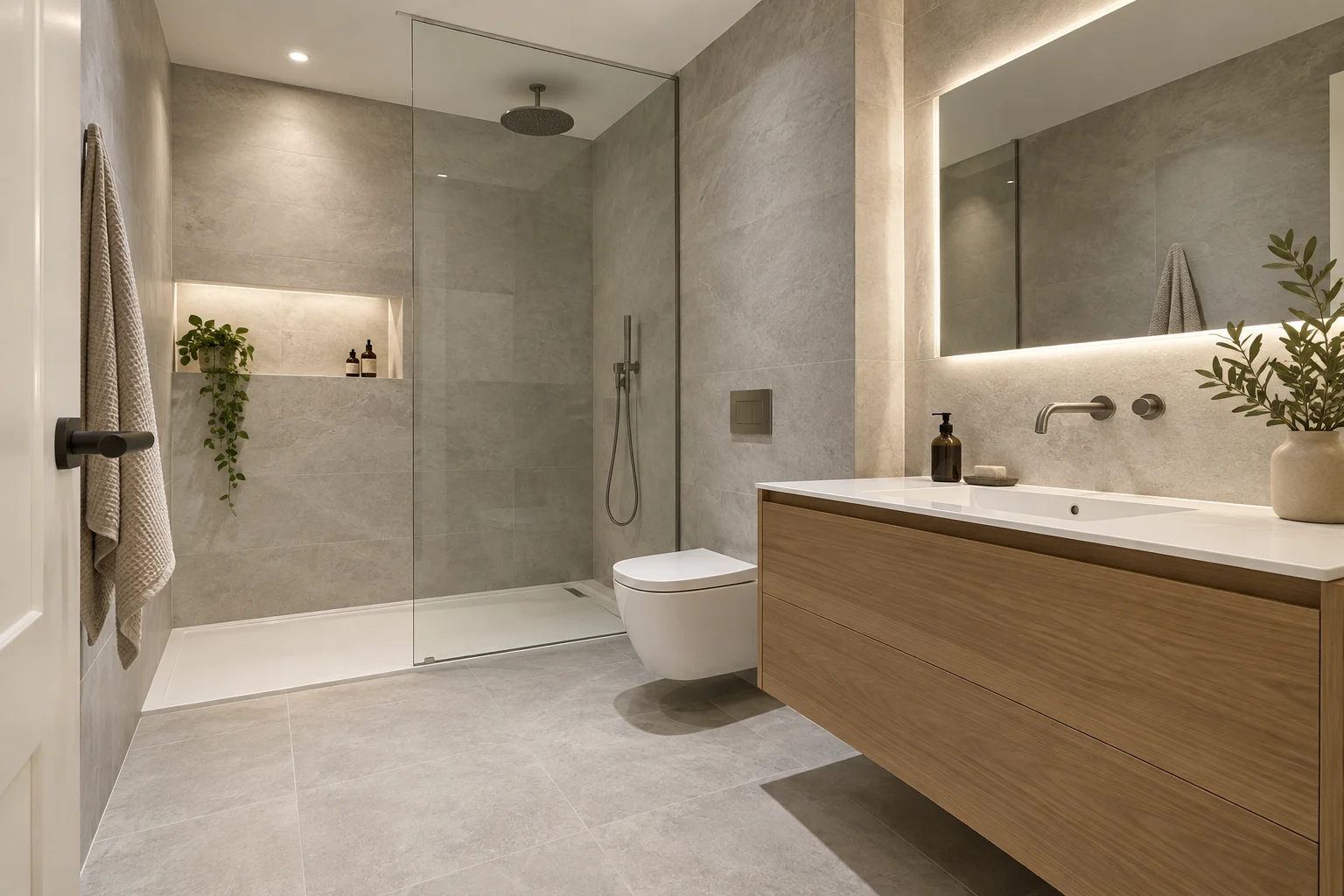 Baño reformado en Barcelona con plato de ducha extraplano y mampara de vidrio