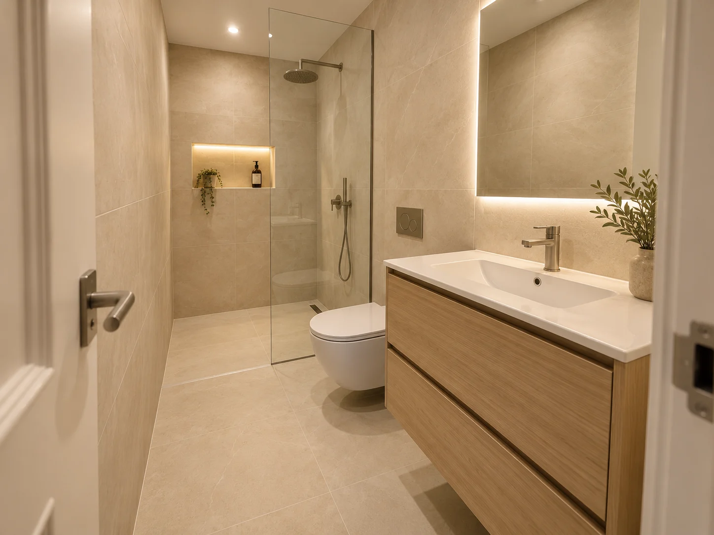 Baño pequeño reformado con inodoro suspendido y ducha de obra en Barcelona