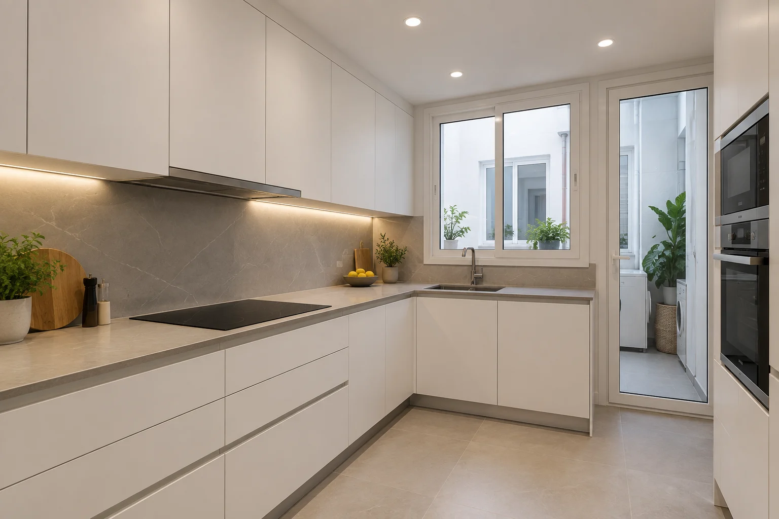 Cocina reformada en un piso de Barcelona con muebles blancos y encimera de cuarzo