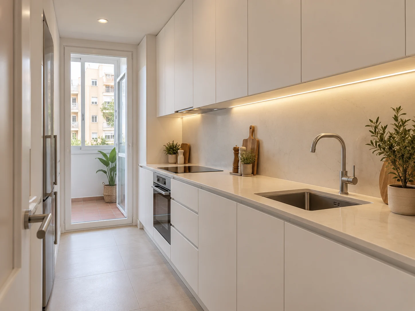 Cocina pequeña reformada con muebles hasta el techo en un piso de Barcelona