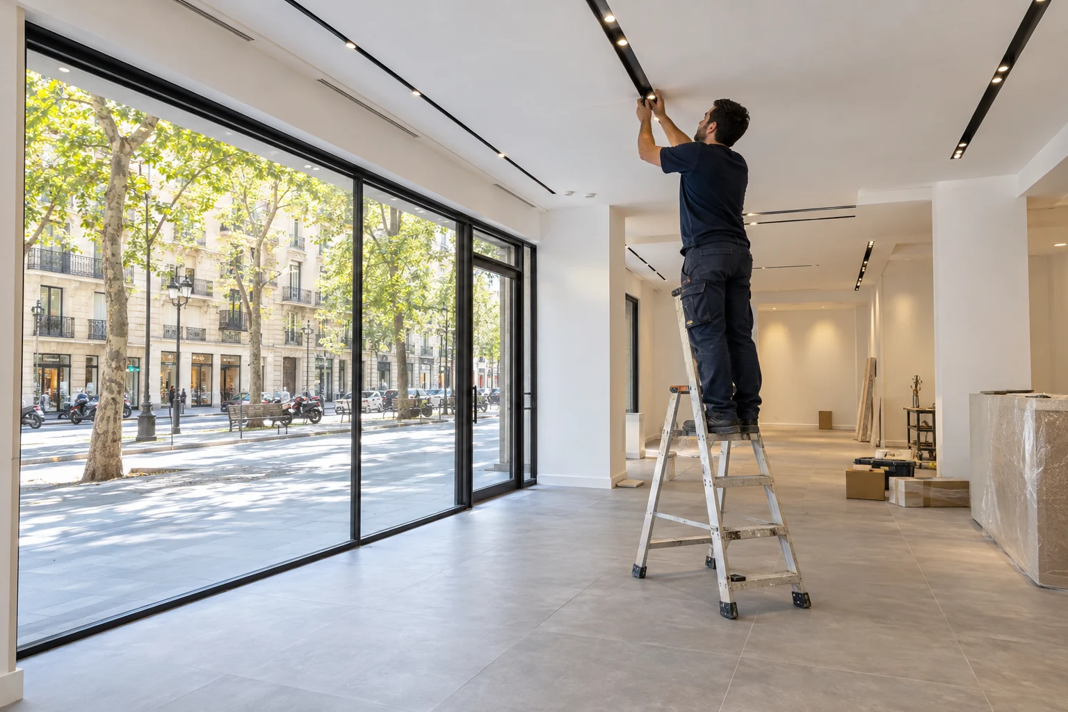 Local comercial en Barcelona durante su reforma con falso techo y escaparate nuevo