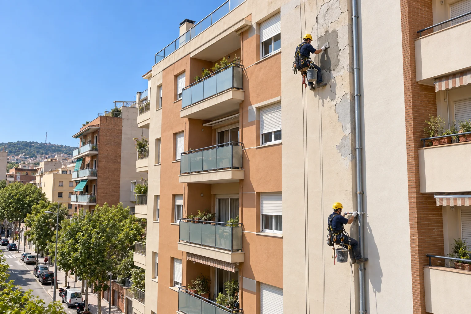 Equipo de trabajos verticales de Especu rehabilitando una fachada